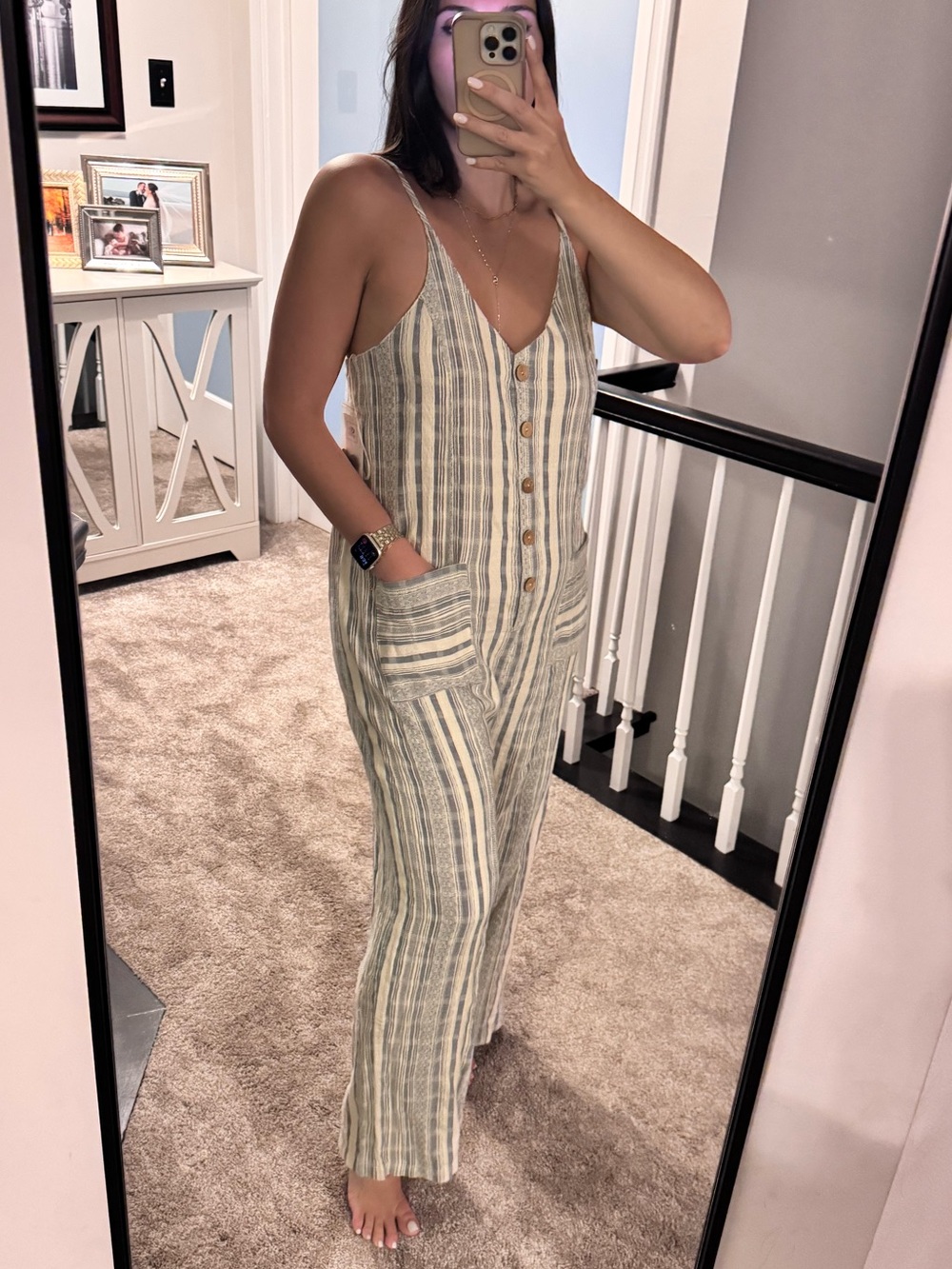 Rip Curl Blue White Striped Linen-Blend Spaghetti-Strap Jumpsuit